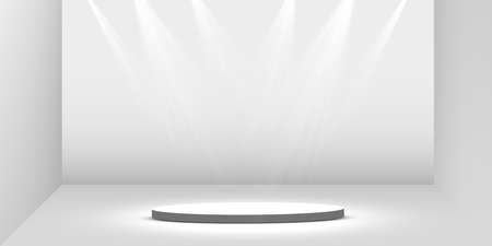 Round golden podium, pedestal or platform illuminated by spotlights on white background. Platform for design. Realistic 3D empty podium. Stage with scenic lightsのイラスト素材