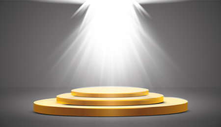 Round golden podium, pedestal or platform illuminated by spotlights on white background. Platform for design. Realistic 3D empty podium. Stage with scenic lightsのイラスト素材