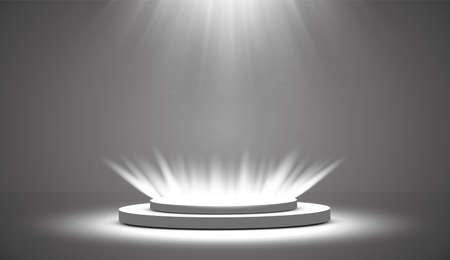 Round podium, pedestal or platform illuminated by spotlights on white background. Platform for design. Realistic 3D empty podium. Stage with scenic lightsのイラスト素材