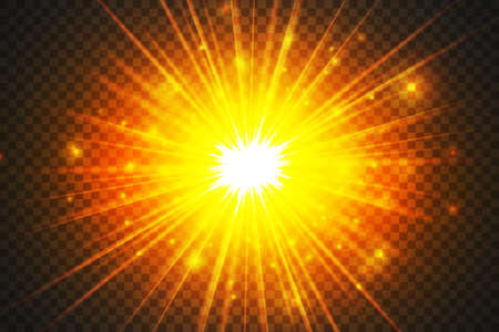 Set glow light effect with white sparks and golden stars shine with special light.White glowing light. Star Light from the rays. The sun is backlit. Bright beautiful star. Sunlight. EPS10のイラスト素材