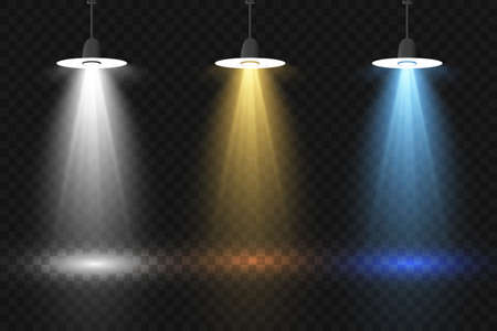 Set of colored spotlights on a transparent background. Bright lighting with spotlights. Spotlight white, blue, yellow.のイラスト素材