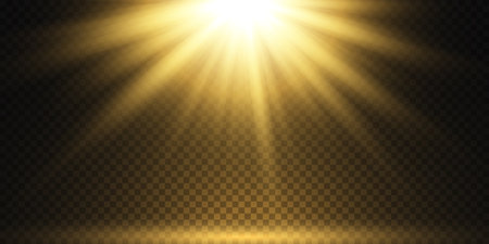 Set glow light effect with white sparks and golden stars shine with special light.White glowing light. Star Light from the rays. The sun is backlit. Bright beautiful star. Sunlight. EPS10.のイラスト素材