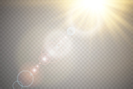 Vector transparent sunlight special lens flare light effect. Sun flash with rays and spotlightのイラスト素材