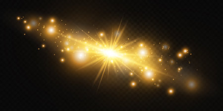 Set glow light effect with white sparks and golden stars shine with special light.White glowing light. Star Light from the rays. The sun is backlit. Bright beautiful star. Sunlight. EPS10.のイラスト素材