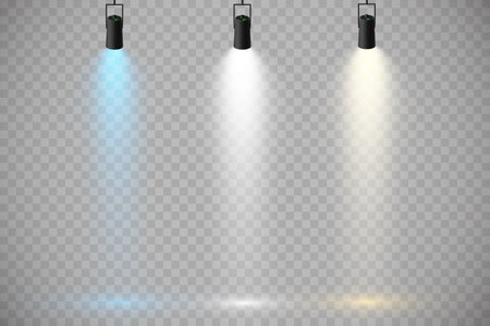 Set of colored spotlights on a transparent background. Bright lighting with spotlights. Spotlight white, blue, yellow.のイラスト素材
