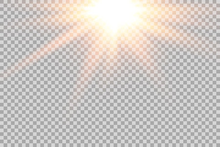 Set glow light effect with white sparks and golden stars shine with special light.White glowing light. Star Light from the rays. The sun is backlit. Bright beautiful star. Sunlight.のイラスト素材