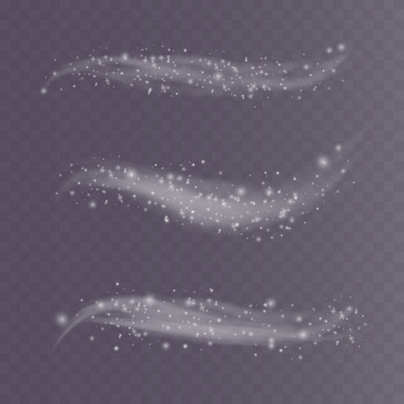 White png dust light. Bokeh light lights effect background. Christmas background of shining dust Christmas glowing light bokeh confetti and spark overlay texture for your design.のイラスト素材