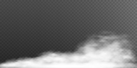 Fog or smoke isolated transparent special effect. White vector background of cloudiness, fog or smog. Vector illustration.のイラスト素材