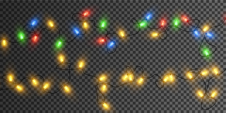 Christmas lights. Colorful Christmas garlands. Vector red, yellow, blue and green glow light bulbs on wires isolated.のイラスト素材