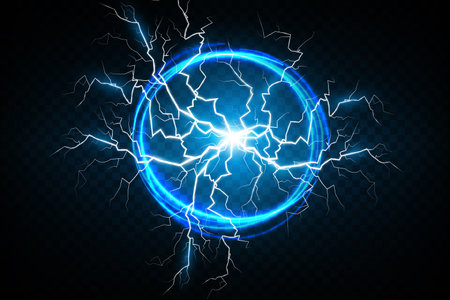 Ball lightning on a transparent dark blue background. Vector illustration, abstract electric lightning strike in the dark blue sky. Light flash, thunder, spark.のイラスト素材