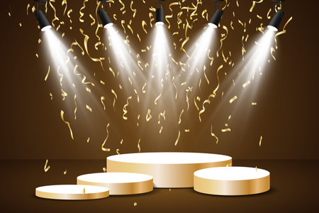 Golden podium with a spotlight on a dark background, falling golden confetti, first place, fame and popularity. Vector illustration.のイラスト素材