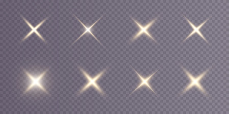Collection of various glowing stars.A set of glare from a sunbeam. Flashes of light. The effect of glow, sparks, radiance, shine. Vector illustration on a transparent background.のイラスト素材