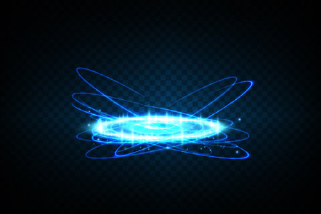 Magic portals on the night scene. Blue round holograms with rays of light and sparkles. Glowing futuristic teleport tunnel with copy space on black background.のイラスト素材