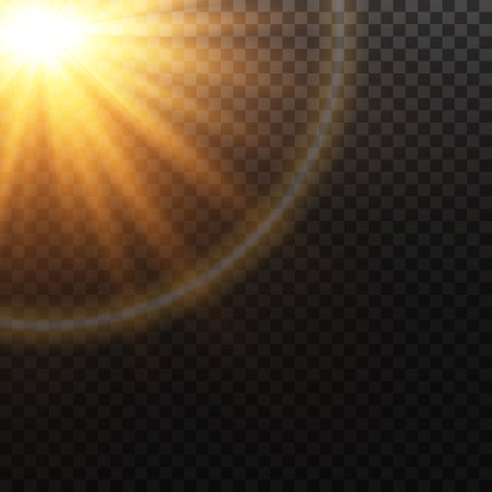 Golden star on a transparent background, the effect of glow and rays of light, glowing lights, sun.のイラスト素材