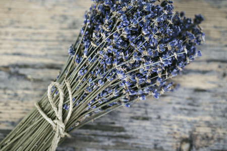 Bouquet of dried lavender on an old painted wooden background close upの写真素材