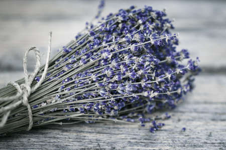 Bouquet of dried lavender on an old painted wooden background close upの写真素材