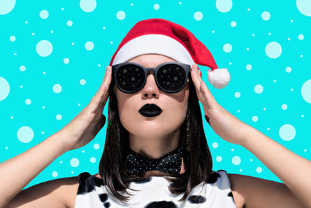 Portrait of a pretty woman in Santa Claus hat with dark painted lips next to a colorful background