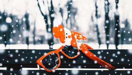 Funny winter composition with christmas accessories, red sunglasses and a fragment of a pine-tree branch on a bench covered with snowの写真素材