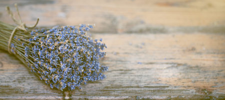 Bouquet of dried lavender on an old painted wooden background close up. French rustic country decor. image is with copy spaceの写真素材