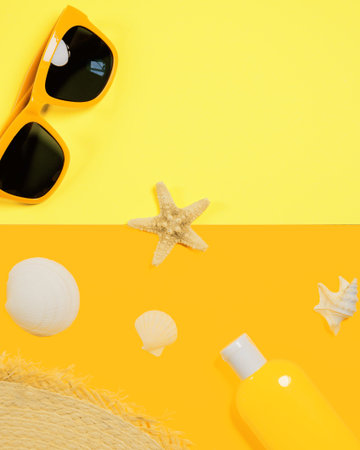 Trendy fashion beach accessories on a bright colorful background. Dried starfish, shells, a bottle...