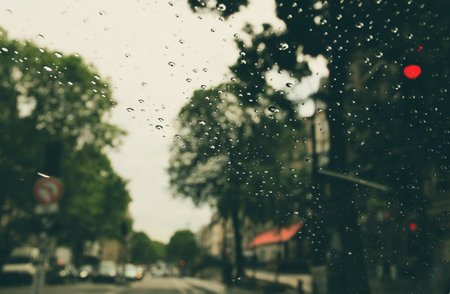 City road seen through rain drops on the car windshield. Focus is on some water drops