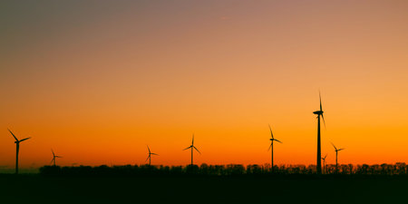 Wind turbines against beautiful sunset sky. Eolic park. Eco farm of clean energy. Green ecological...