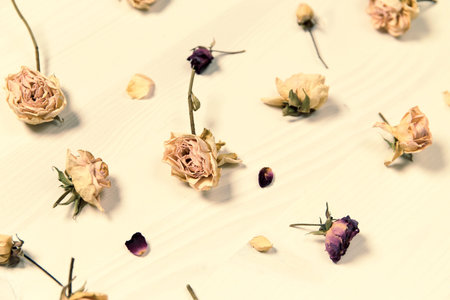 Flower composition made of dried rose buds  on wooden background. Beautiful backdrop for blogs,...