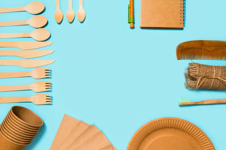 Eco friendly set on blue background. Recycling concept. Copy space. Zero waste theme