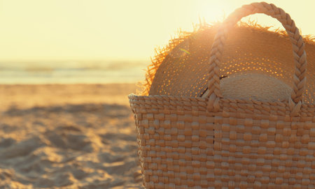 Straw bag  and straw hat with sea beach at sunset light as a background. Vacation and travel concept.の写真素材