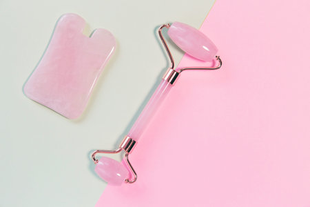 Facial massage kit. Face roller and gua sha massager made from natural stones.の写真素材