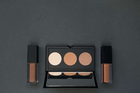 Set of decorative cosmetics on dark  background. Minimal style composition. Beauty and makeup concept. Top view. Flat layの写真素材