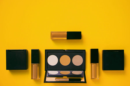 Set of decorative cosmetics on colorful background. Beauty and makeup theme. Top view. Flat lay.
