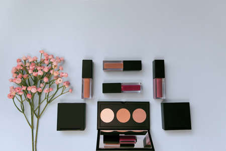 Decorative cosmetics  on colorful pastel background. Beauty and makeup theme. Top view. Flat layの写真素材