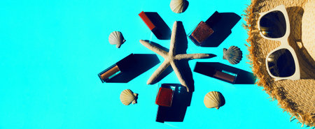Summer composition with white trendy sunglasses, hat, starfishes, shells and makeup set on colorful...