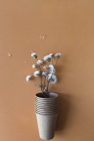 Dried dandelion flowers and eco friendly craft paper cups on colorful background. Recycling concept....