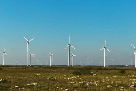 Wind turbines against beautiful sky. Eolic park. Eco farm of clean energy. Green ecological power...