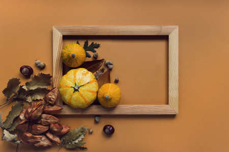 Autumn composition made of pumpkins, dried leaves, chestnuts and acorns in a wooden frame. Autumn, fall, halloween concept. Flat lay, top view, copy spaceの写真素材
