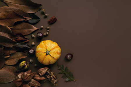 Autumn composition made of pumpkins, dried leaves, chestnuts on brown background. Autumn, fall, halloween concept. Flat lay, top view, copy spaceの写真素材