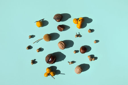 Autumn creative composition made of chestnuts, walnuts and acorns on colorful background. Autumn and...