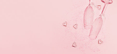 Two chrystal champagne glasses with heart shaped confetti on pastel pink background. Minimal style. Celebration concept. Valentine day theme. Holiday and festive backdrop. Flat lay. Top view.の写真素材