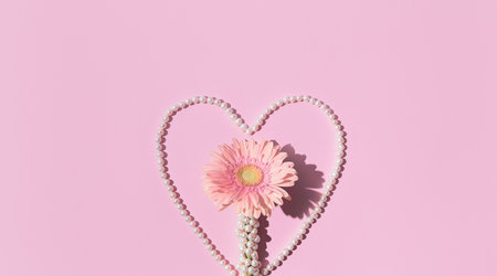 Beautiful gerbera flower with white pearl necklace on pastel pink background. Creative layout for seasonal cards, wed desigh. Top view. Flat layの写真素材