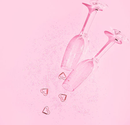 Two chrystal champagne glasses with heart shaped confetti on pastel pink background. Minimal style....