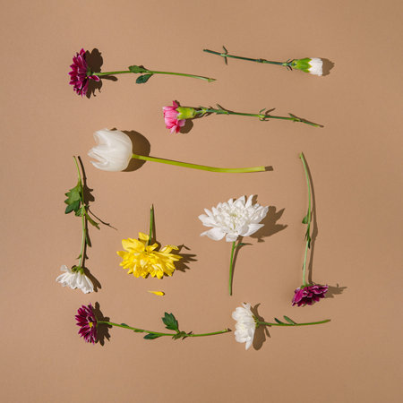 Creative layout made of colorful flower buds on pastel background. Nature concept. Top view. Flat layの写真素材