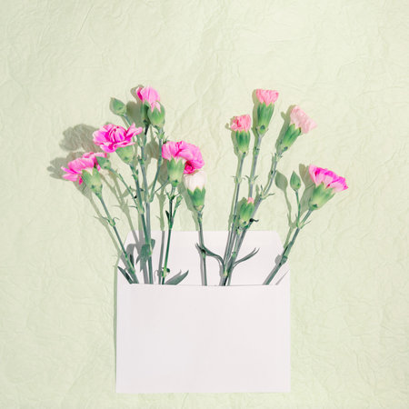 Envelope with carnation flowers on pastel green background. Greeting and festive concept....