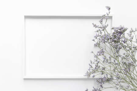 Beautiful meadow flowers and a frame on white background. Nature concept. Minimal style. Flat lay. Top view. Copy space.の写真素材