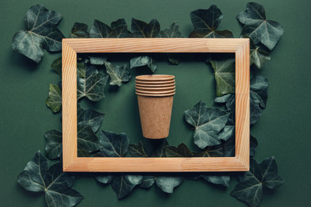 Eco friendly craft paper cups on green background with wooden frame and ivy leaves. Recycling and zero waste concept. Natural materials themeの写真素材