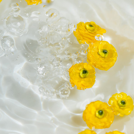 Yellow buttercup flowers in water. Summer composition with sun and shadows. Nature concept. Top...