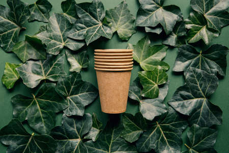 Eco friendly craft paper cups on green background with ivy leaves. Recycling concept. Zero waste theme. Top view. Flat layの写真素材