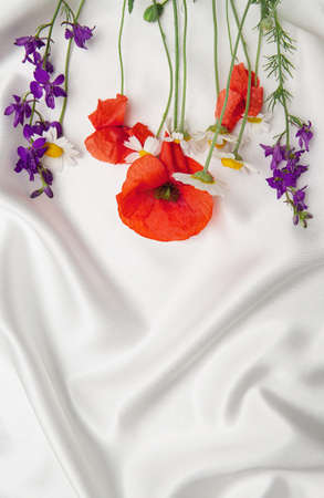 Creative composition made of meadow flowers on white silk cloth. Red poppies and daisy. Minimal style. Nature concept background. Top view. Flat layの写真素材