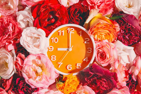 Orange round analog alarm clock with rose buds as a background. Summer morning concept. Top view. Flat lay. Nine o'clock.の写真素材
